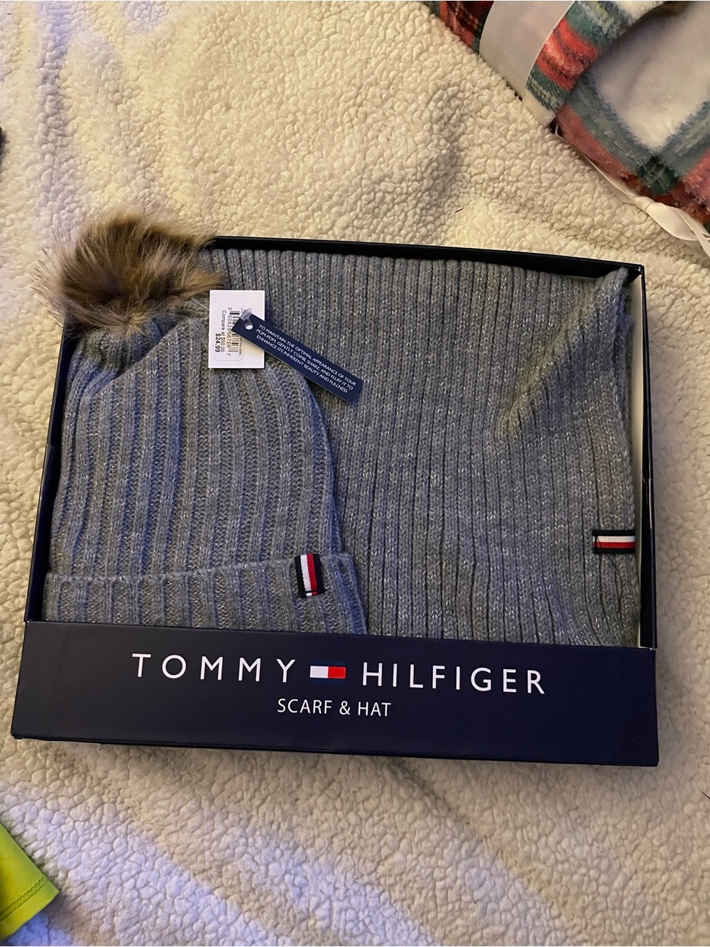Tommy Hilfiger Gray Ribbed Beanie with Faux Fur Pom & Matching Scarf Set